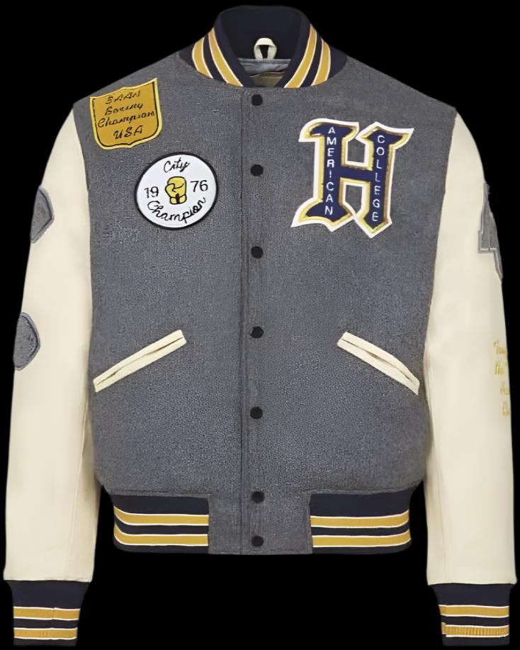 AMERICAN COLLEGE AC14 Grey&Beige Baseball Varsity Jacket for UNISEX, with WOOL